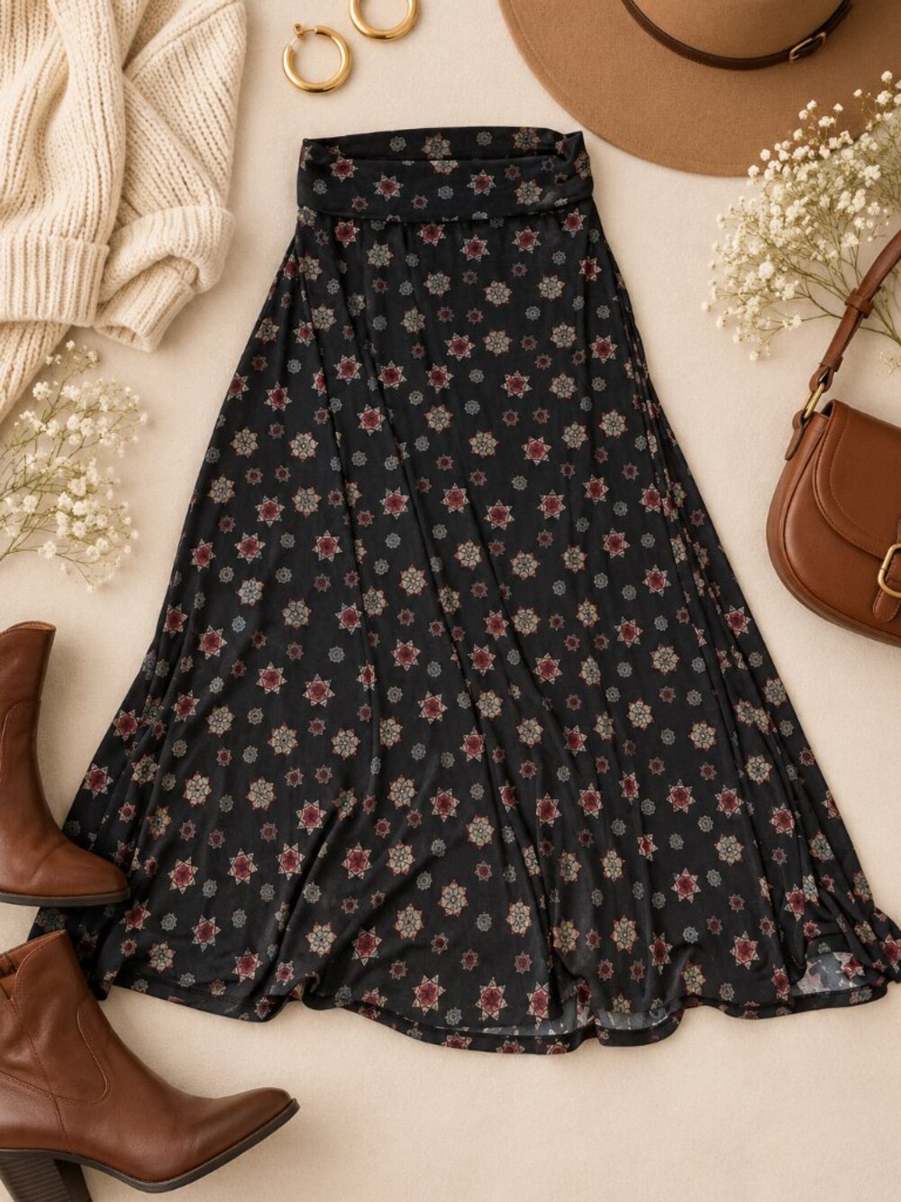 NWT LuLaRoe Fold over Maxi Skirt S Black Geometric Boho Tribal Print Stretch